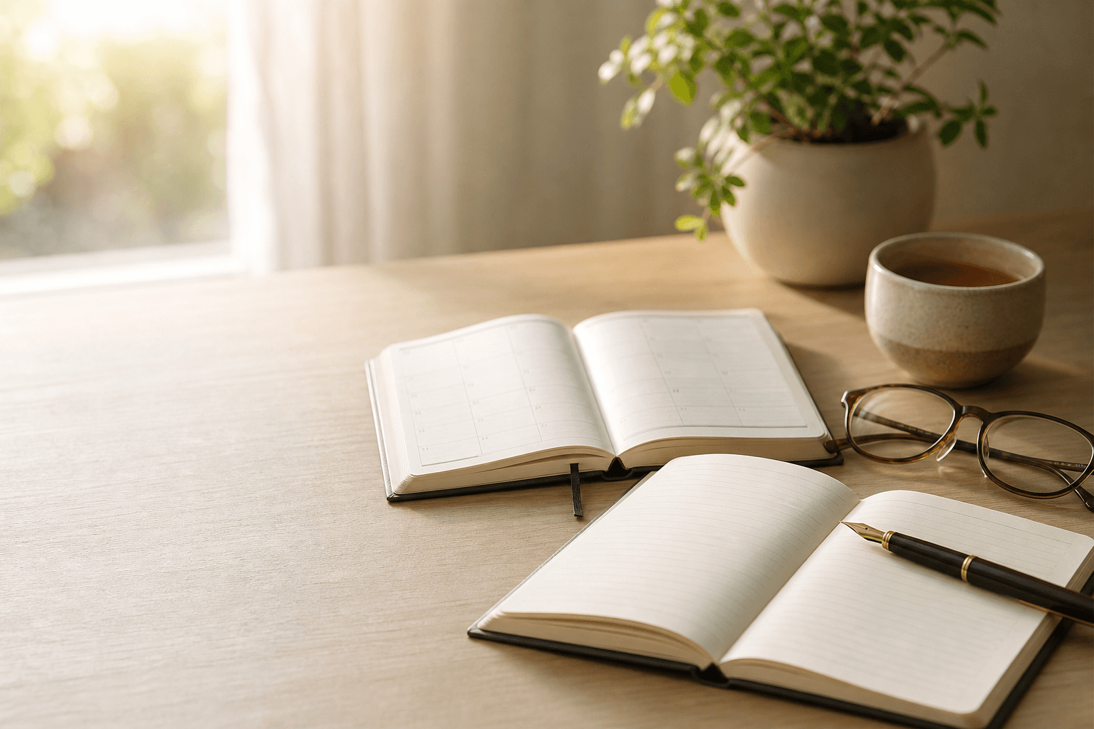 An open journal and planner on a sunlit wood desk with tea and reading glasses